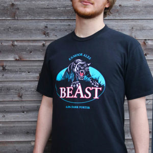 Man wearing a black t-shirt with Exmoor Beast artwork on it