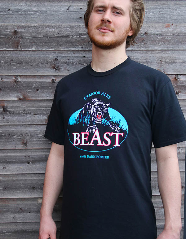 Man wearing a black t-shirt with Exmoor Beast artwork on it