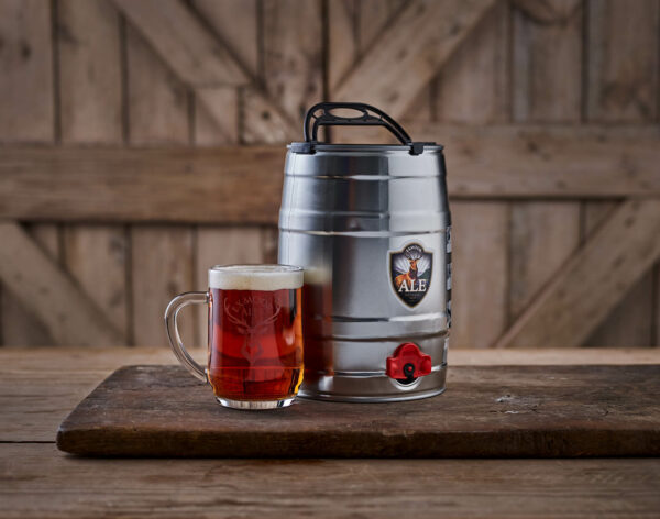 Mini cask of Exmoor Ale with a full tankard of ale