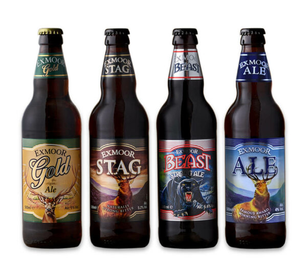 Four bottles, Exmoor Gold, Stag, Beast, and Ale