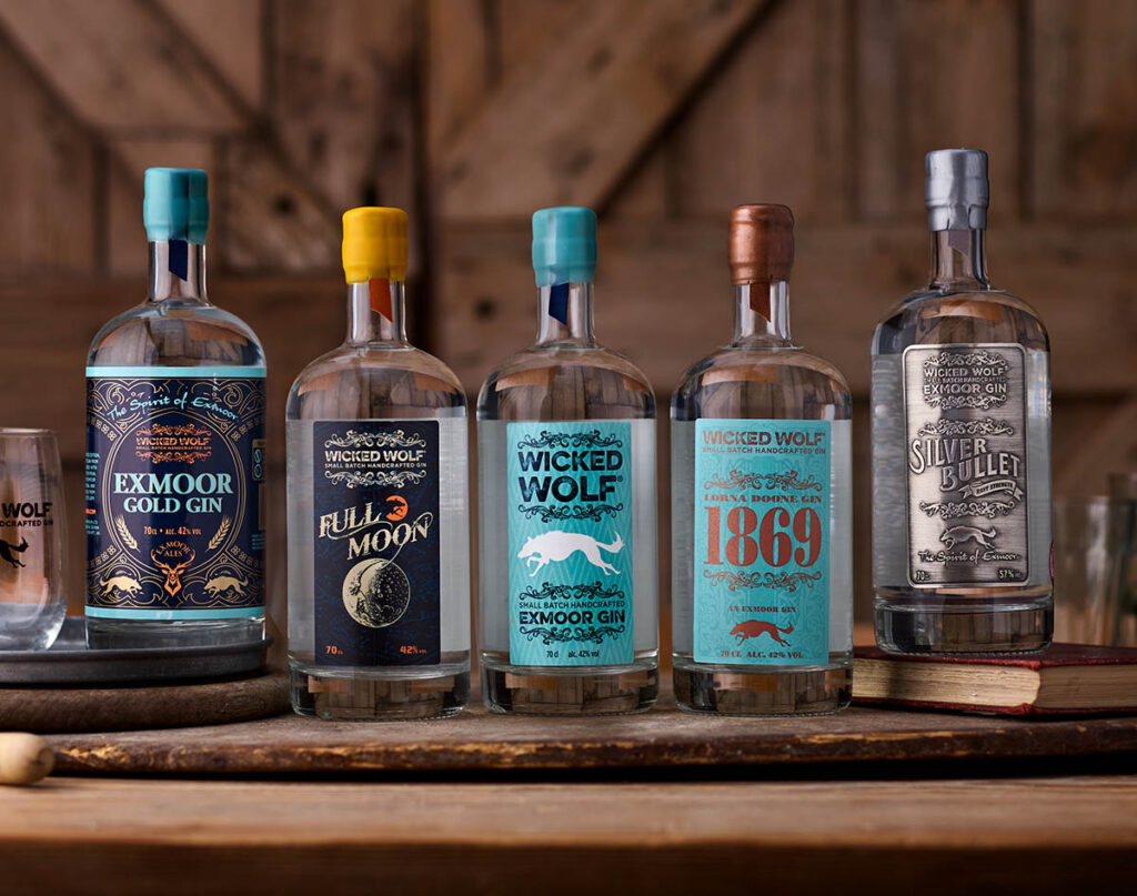 Five bottles in the Wicked Wolf Gin range
