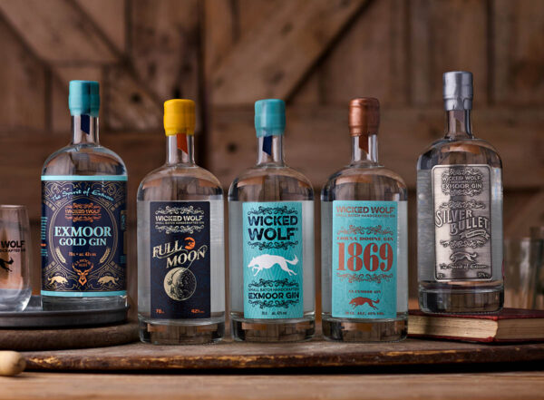 Five bottles in the Wicked Wolf Gin range