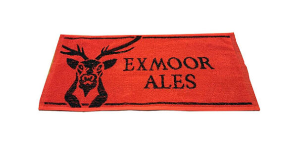 Red towel with black Exmoor Ales stag logo and Exmoor Ales name