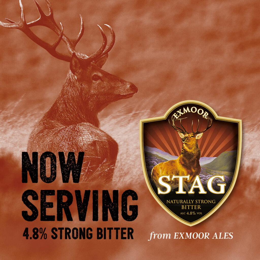 A stag on the moor with 'Now Serving' and the pump clip next to it