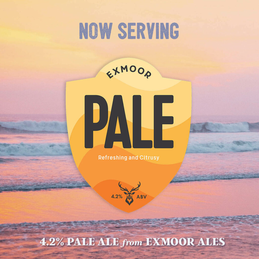 Pale Ale pump clip with a sunset and waves behind