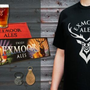 Gift bundle products which include an Exmoor Ales T-shirt, a bar runner, a bar towel, a tulip-shaped pint glass, a leather keyring, and a bottle opener.