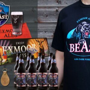 Exmoor Beast gift bundle products which include an Exmoor Beast T-shirt, eight bottles of Exmoor Beast, 6.6% beer, an Exmoor Ales bar runner, a bar towel, an Exmoor Beast pump clip, a bottle opener, and a leather keyring.