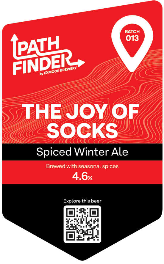 Pump clip for, Joy of Socks, seasonal craft brew from the Exmoor Ales, Pathfinder range.